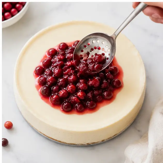 Stage 4: Spooning the glossy cranberry topping over the chilled cheesecake.