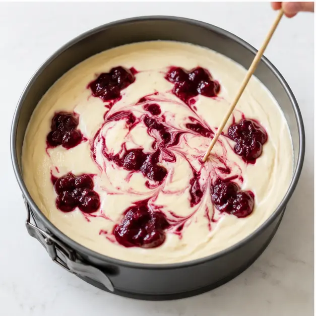 Step 3: Dolloping cranberry sauce and dragging a skewer to create marbled swirls