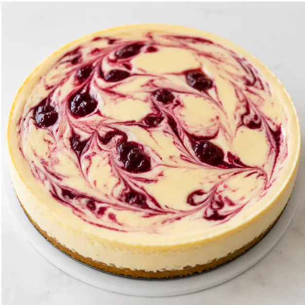 Step 4: Unmolding the chilled finished cheesecake with defined cranberry ribbons