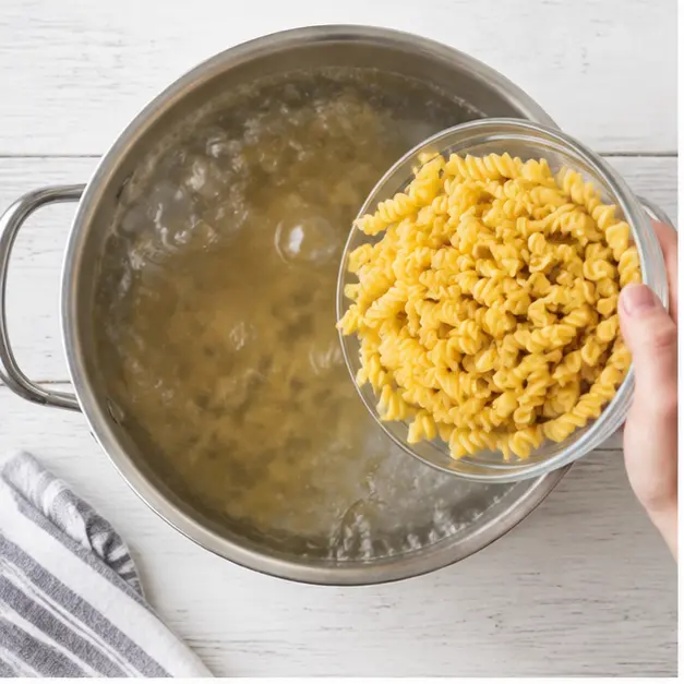 Step 1: Boiling salted water and adding raw rotini pasta