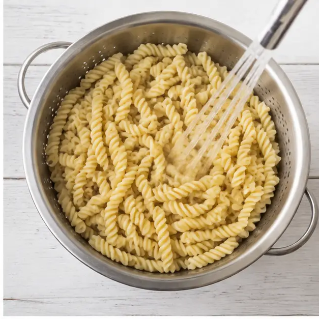 Step 2: Rinsing cooked rotini pasta in a colander with cold water