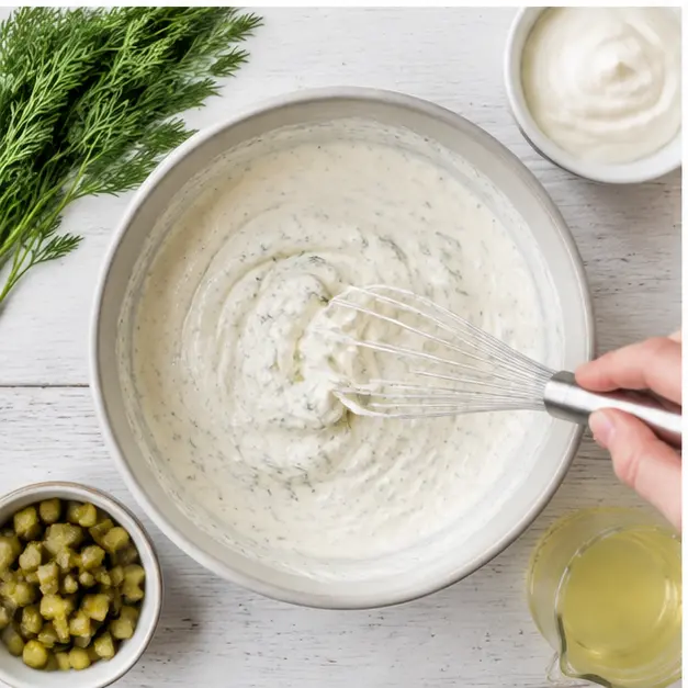 Step 3: Whisking creamy pickle juice dressing with fresh dill