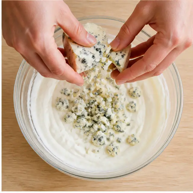 Crumble blue cheese into the creamy mixture