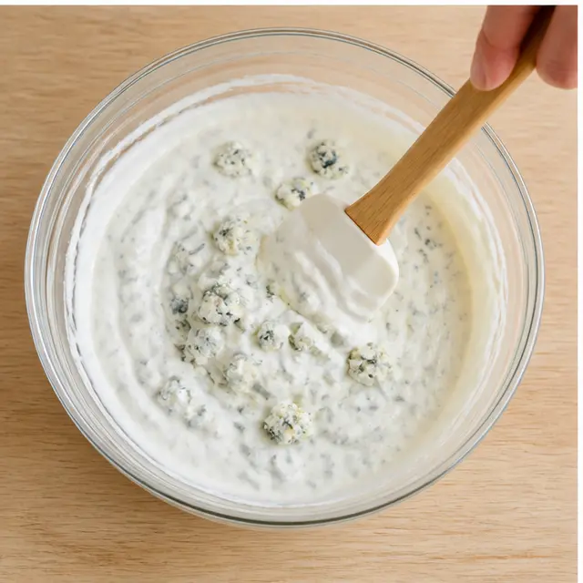 Fold the blue cheese through the dressing gently