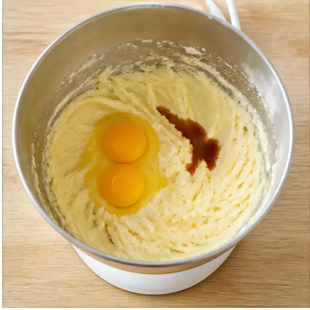 Step 2: beat in eggs and vanilla extract, then mix in the dry flour mixture until a soft dough ball forms