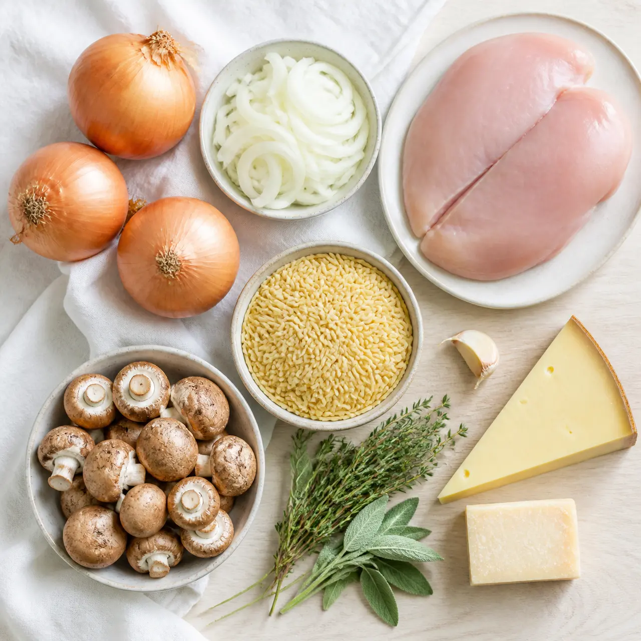 french onion chicken orzo casserole - main ingredients