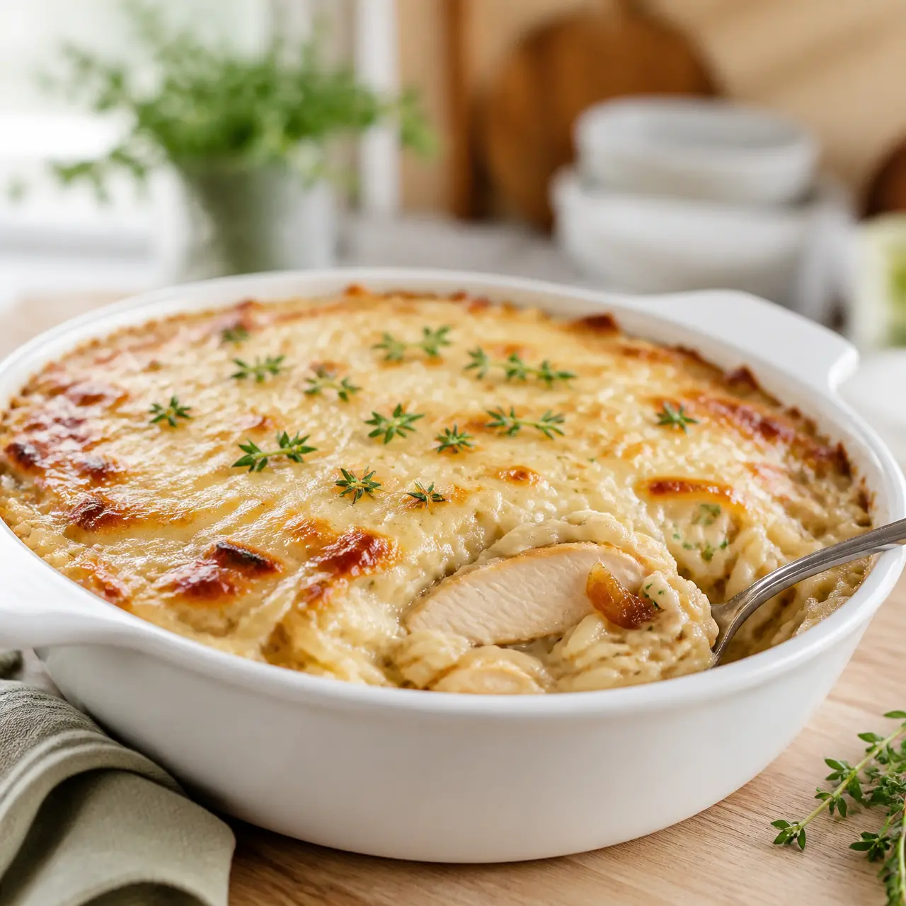 french onion chicken orzo casserole - final presentation