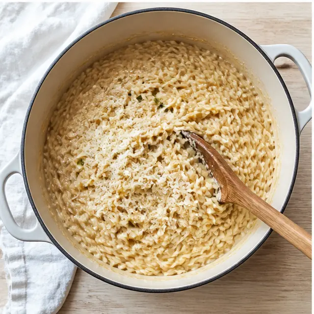 Step 3: Cook orzo until creamy with Parmesan