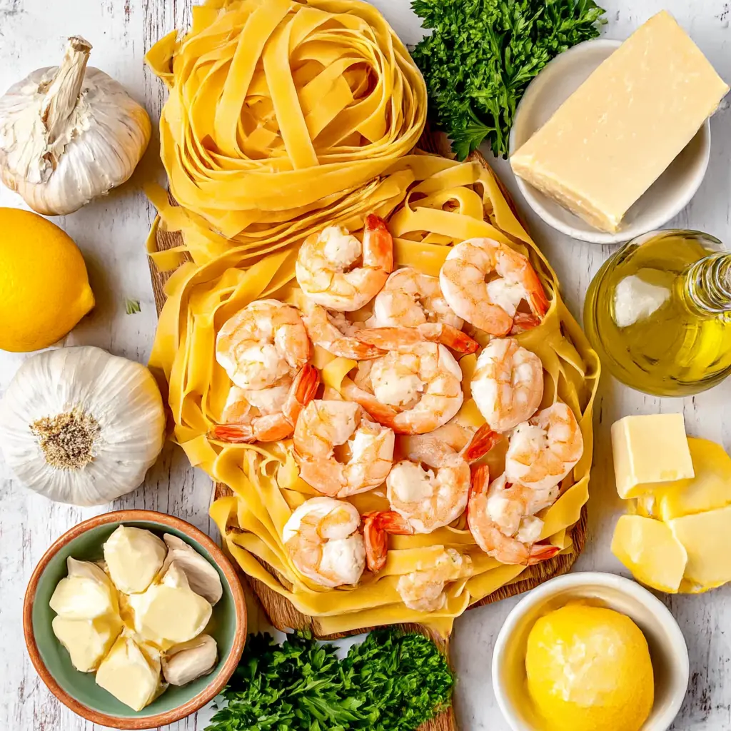 garlic butter shrimp pasta - main ingredients