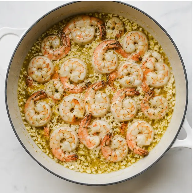 Searing shrimp until pink in garlic butter