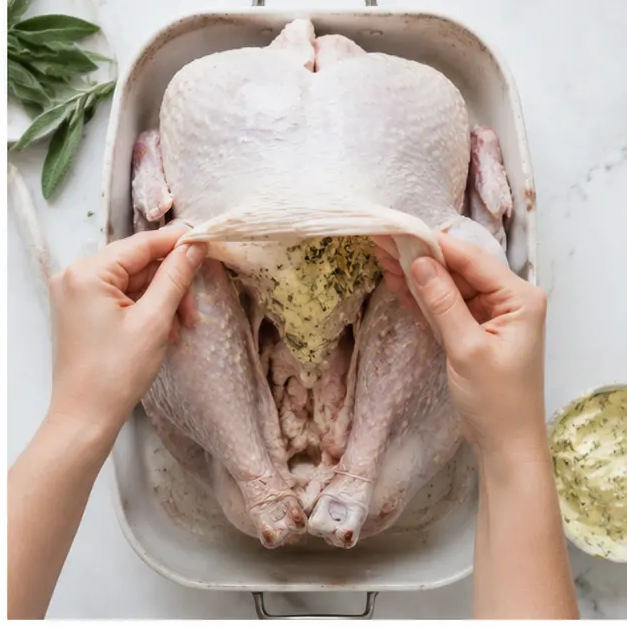 Spreading herb butter under the skin of the whole turkey