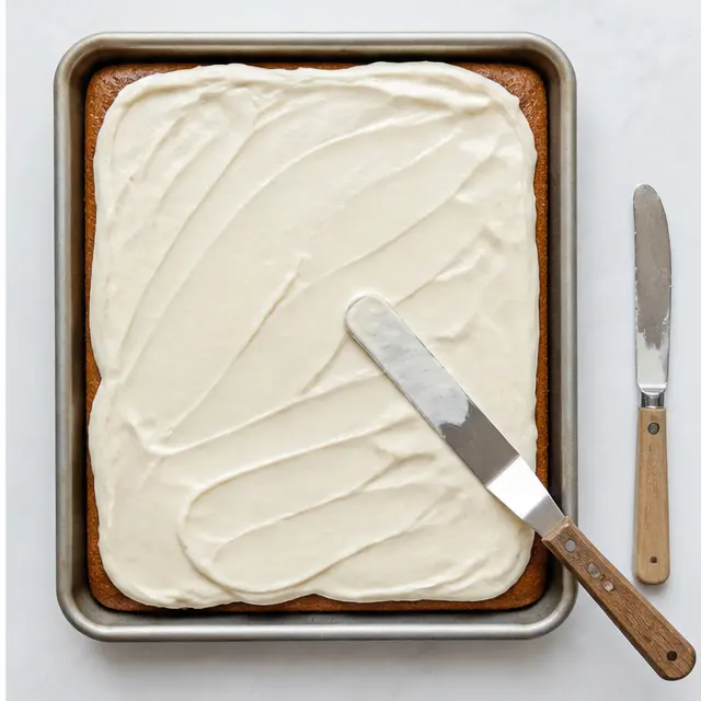 Spread the smooth cream cheese frosting over the fully cooled cake