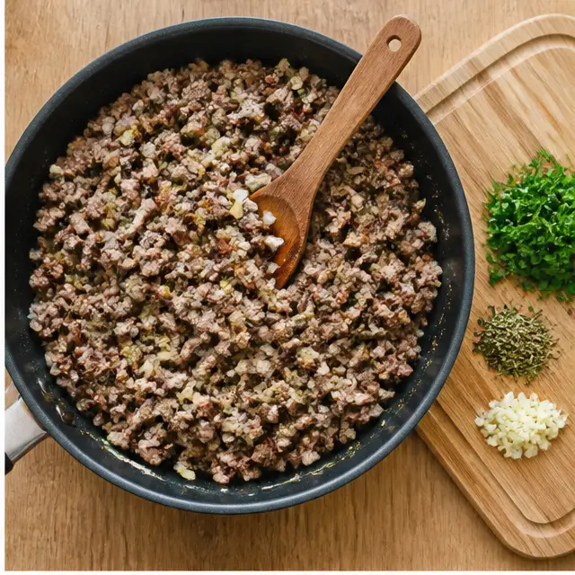 Step 2: Browning ground beef with onion, garlic, and tomato puree