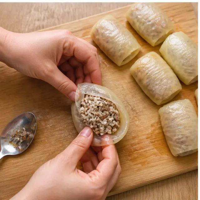 Step 3: Rolling the filling inside tender onion layers