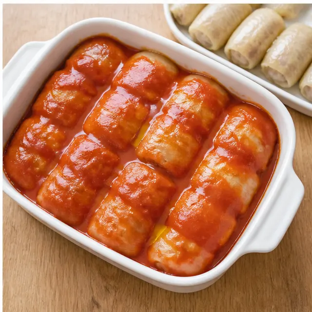 Step 4: Arranging filled parcels and pouring tomato sauce over