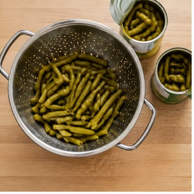 Step 1: Drain the canned green beans thoroughly in a colander