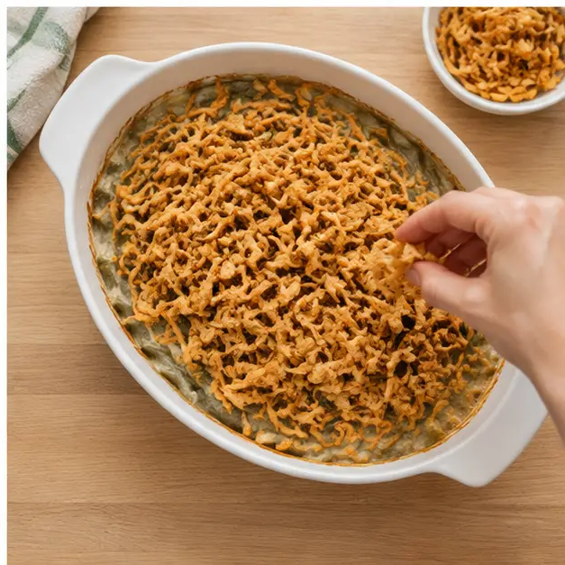 Step 4: Scatter the remaining crispy onions on top and bake until golden