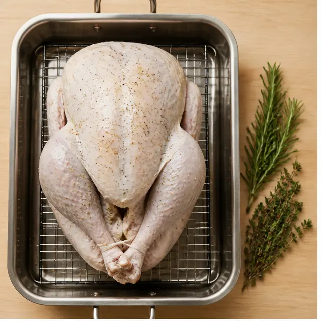 Step 1: Prepping the raw turkey roast on a wire rack with salt and pepper