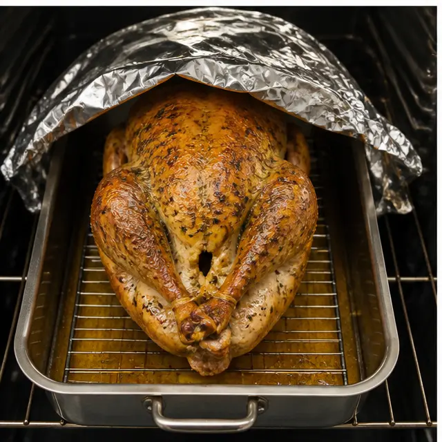 Step 3: Roasting the golden turkey in the oven under a foil tent