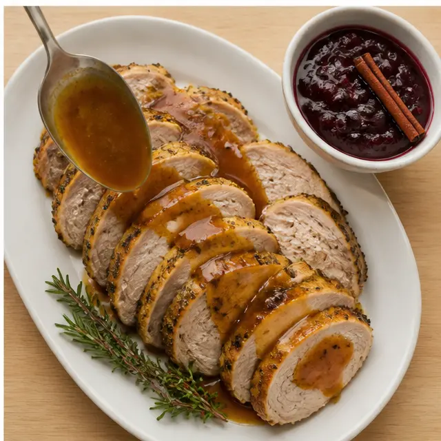 Step 4: Slicing the turkey and spooning brown butter sauce over the top