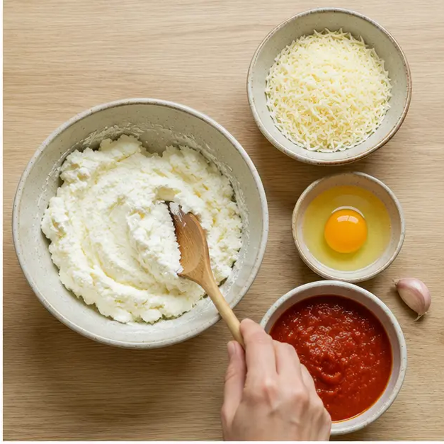 Step 2: Mixing the ricotta filling with parmesan and a beaten egg