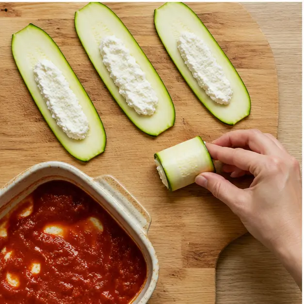 Step 3: Spreading filling on zucchini slices and rolling them tight