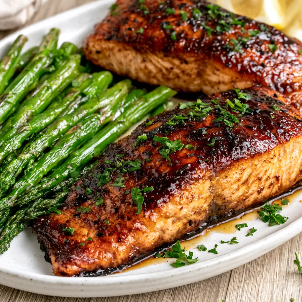 honey garlic salmon with asparagus 624108167
