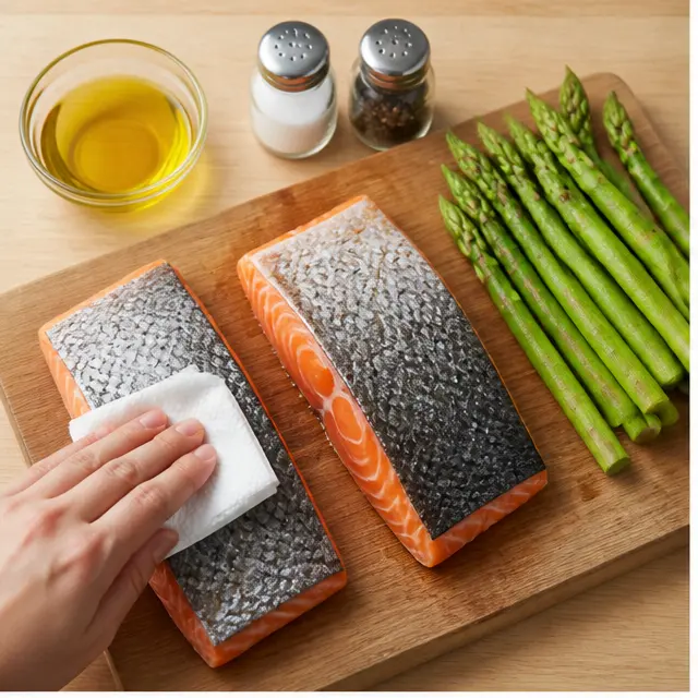 Pat salmon fillets dry and season, trim asparagus