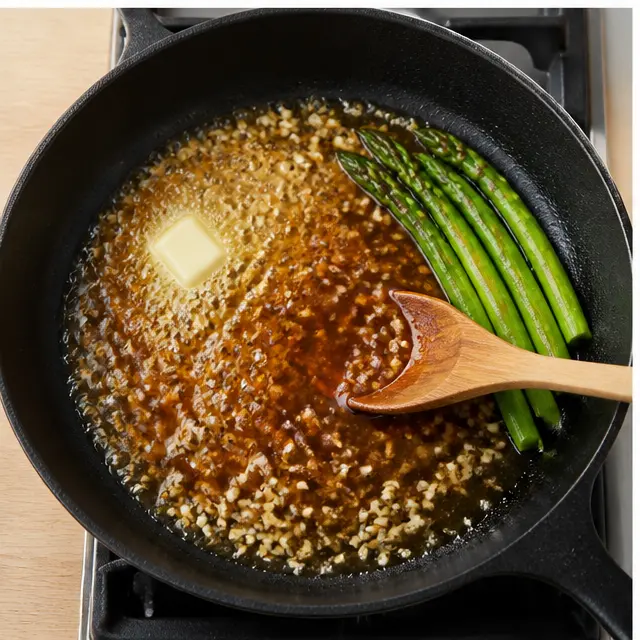 Simmer honey garlic butter sauce with asparagus