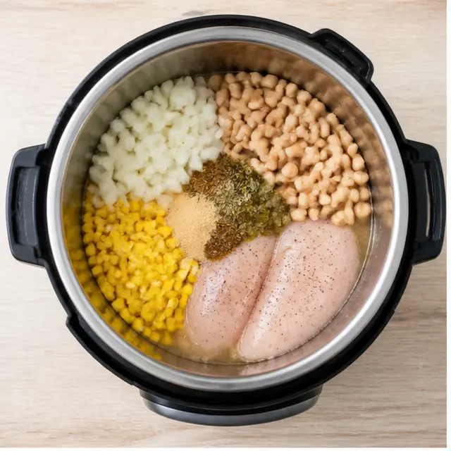 Step 1: Layering uncooked ingredients in the pressure cooker without stirring