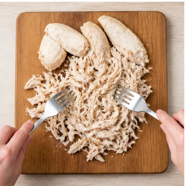 Step 3: Shredding the cooked chicken with two forks
