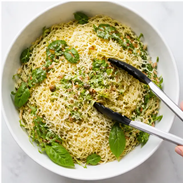 Step 4: Toss the cooled pasta with arugula, pine nuts, Parmesan, and basil.