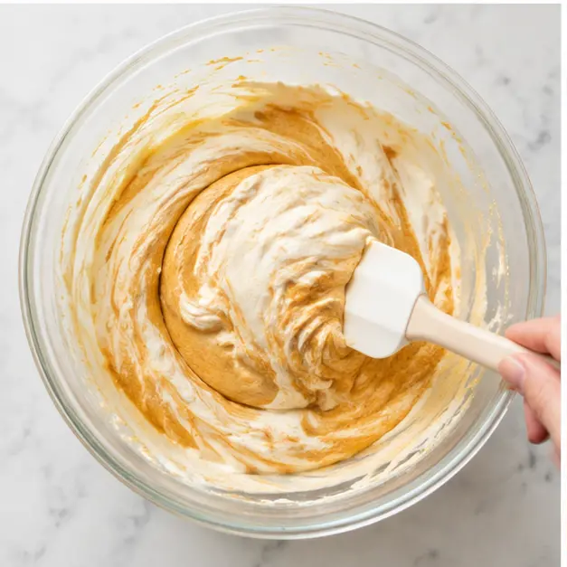 Step 3: Folding the whipped cream into the pumpkin filling