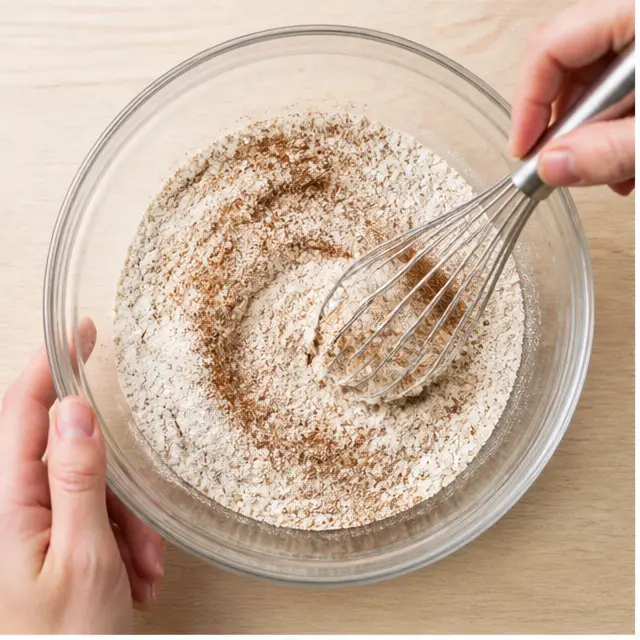 Step 1: Whisking the dry flour mixture with cinnamon in a small bowl