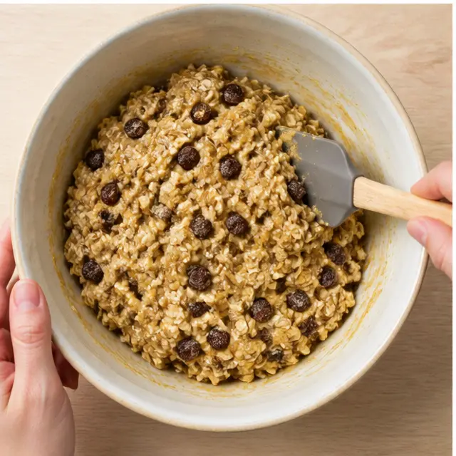 Step 3: Folding old-fashioned oats and plump raisins into the thick, sticky batter