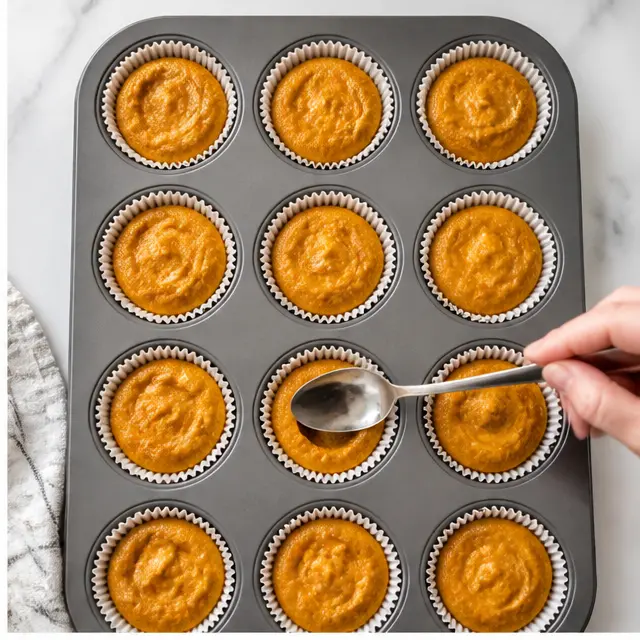 Step 2: Fill the muffin liners and press wells
