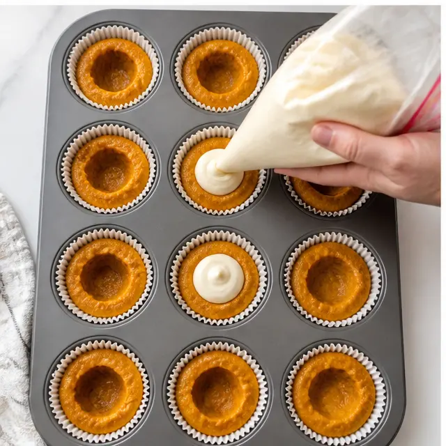 Step 3: Pipe the cream cheese filling into the wells