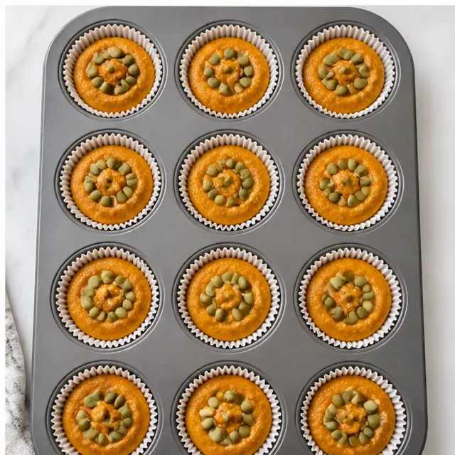 Step 4: Sprinkle pepitas over the muffins before baking