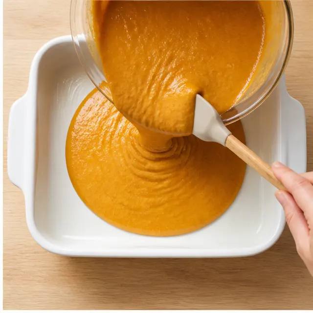 Step 2: Sprinkle dry cake mix and pecans over the pumpkin layer
