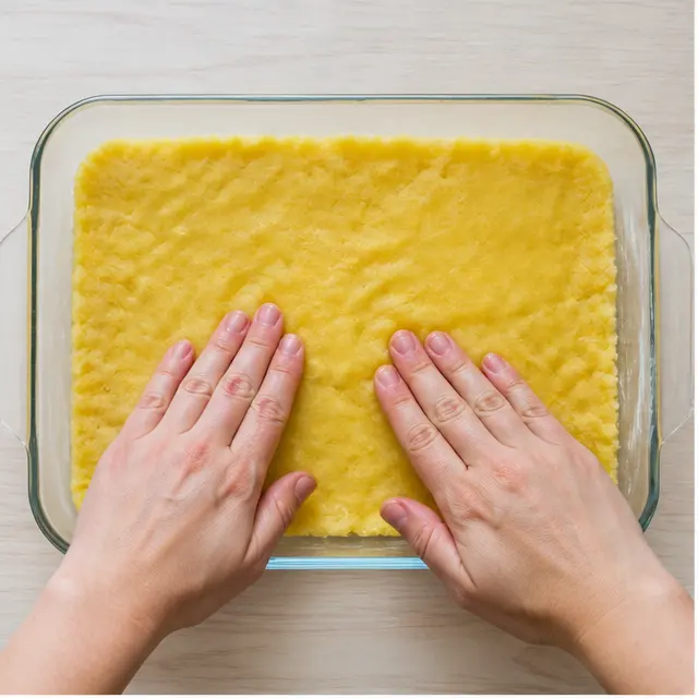Step 1: Press the yellow cake mix crust evenly into the greased 13x9 pan.