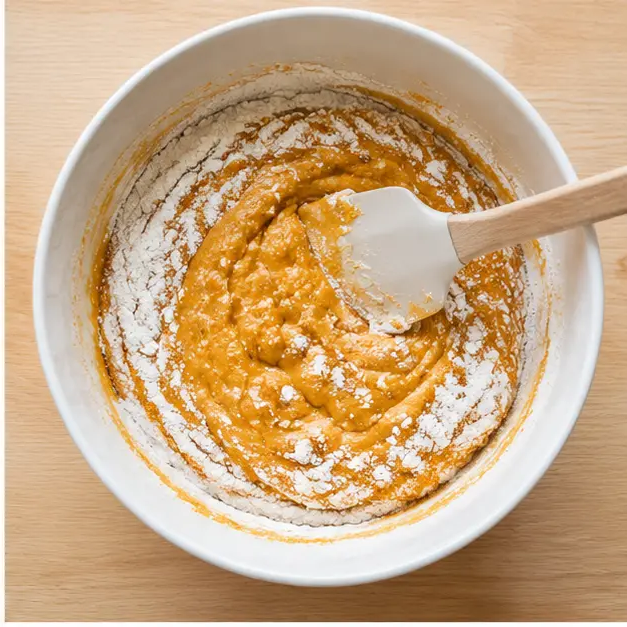 Step 2: folding all-purpose flour and baking powder into the wet mixture until no dry streaks remain