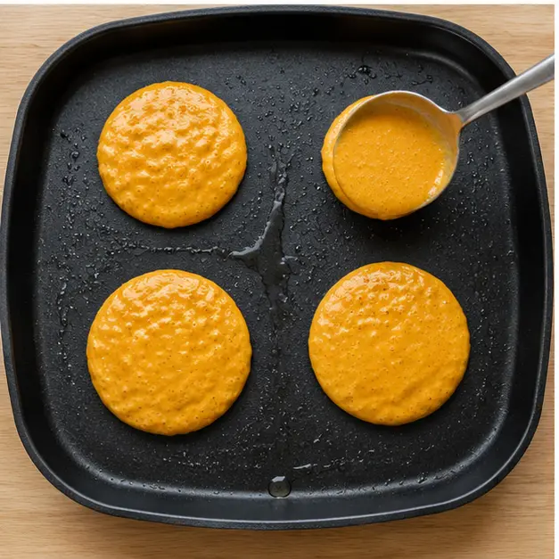Step 3: spooning small rounds of thick pumpkin batter onto a warm coconut-oiled griddle