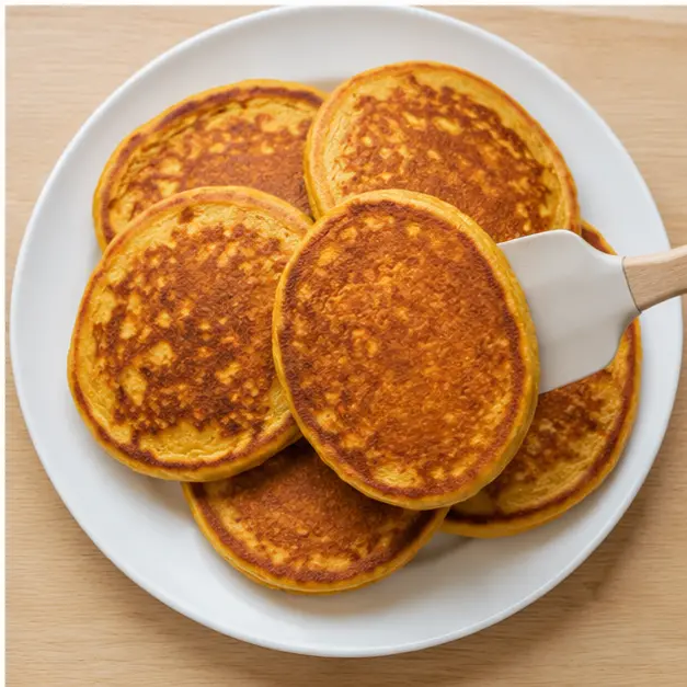 Step 4: flipping puffed golden-brown pumpkin pancakes when bubbles pop around the edges