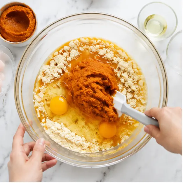 Step 1: Mixing yellow cake batter with pumpkin puree