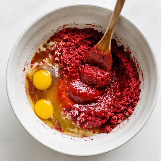 Step 1: Stir cake mix, eggs, and melted butter into a soft red dough