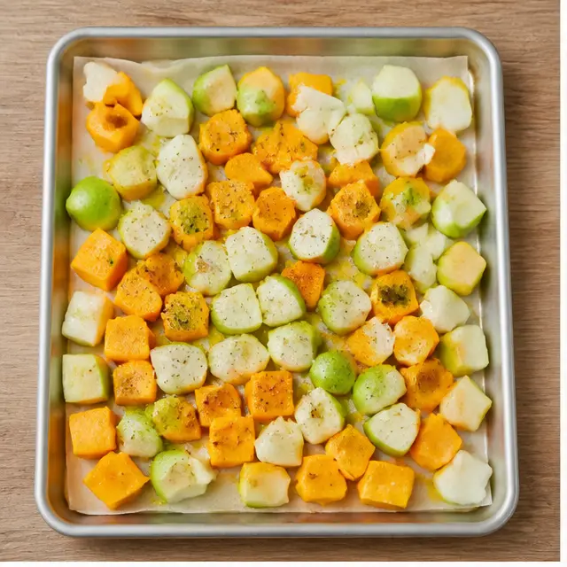 Tossing raw butternut squash, apple, and onion in olive oil on a parchment-lined sheet pan
