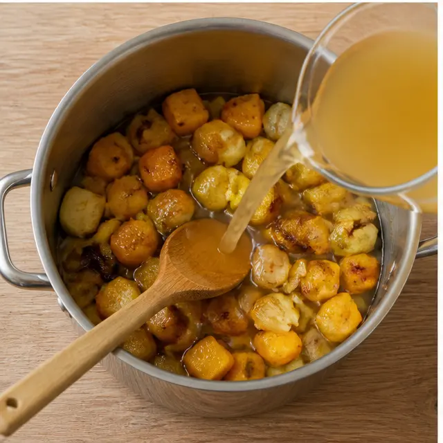 Pouring chicken broth over roasted vegetables and simmering in a large pot