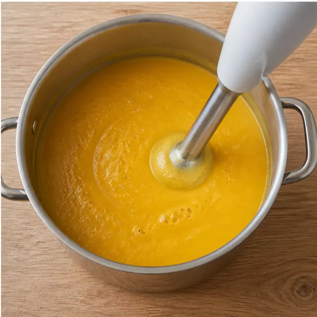 Pureeing the soup with an immersion blender until completely silky