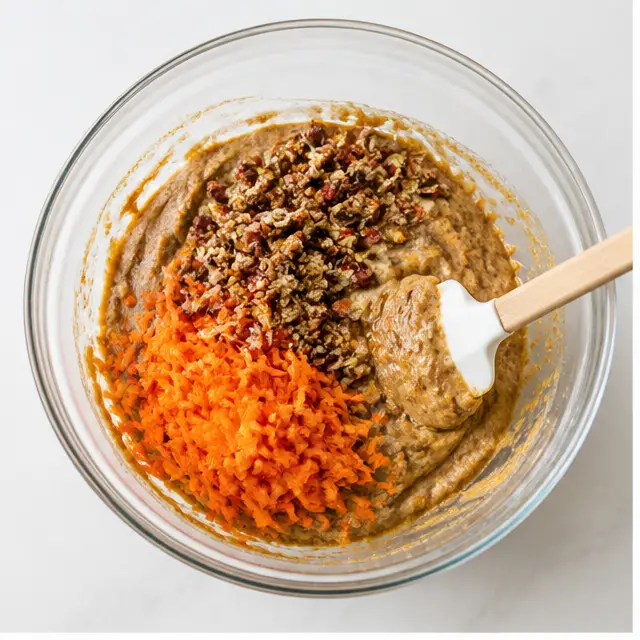 Fold shredded carrots and toasted pecans into the spiced batter
