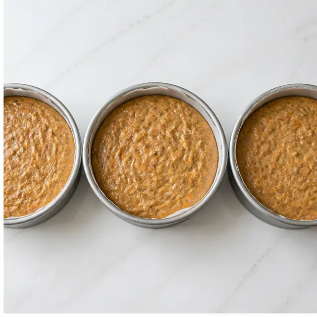 Divide the batter evenly between three prepared 8-inch round pans